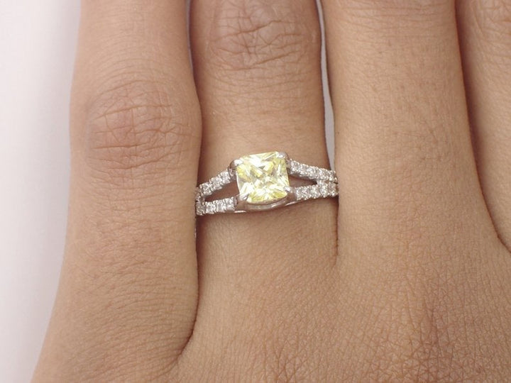 5x5mm Yellow Sapphire Split Shank Engagement Ring, VS E-F Diamonds with 0.65ct Cushion Cut Wedding Ring in 14k Solid Gold