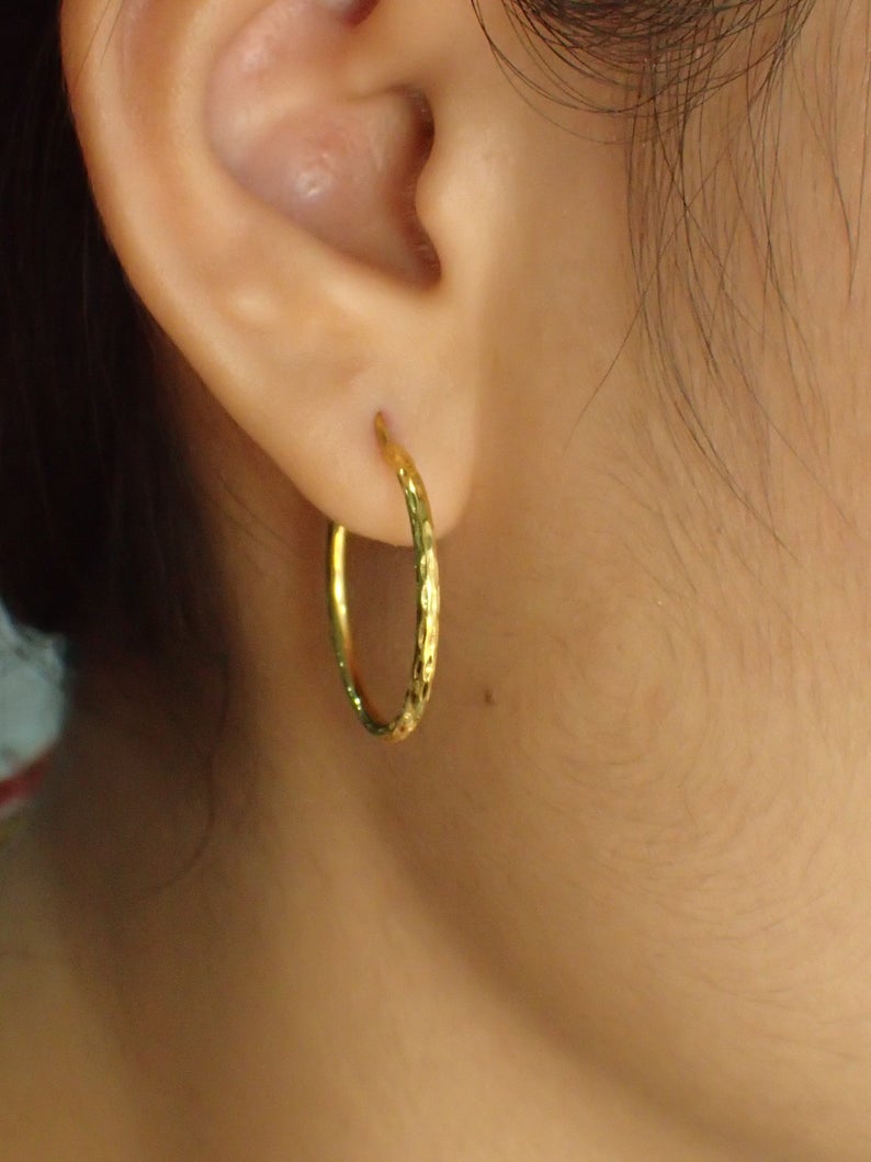 Hand Carved Minimalist Hoop Earring / 20 MM Gold Plated Hoop Earrings / Sterling Silver Hoop / Earrings Gift for Her