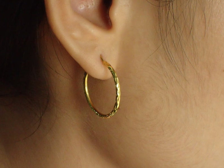 Hand Carved Minimalist Hoop Earring / 20 MM Gold Plated Hoop Earrings / Sterling Silver Hoop / Earrings Gift for Her