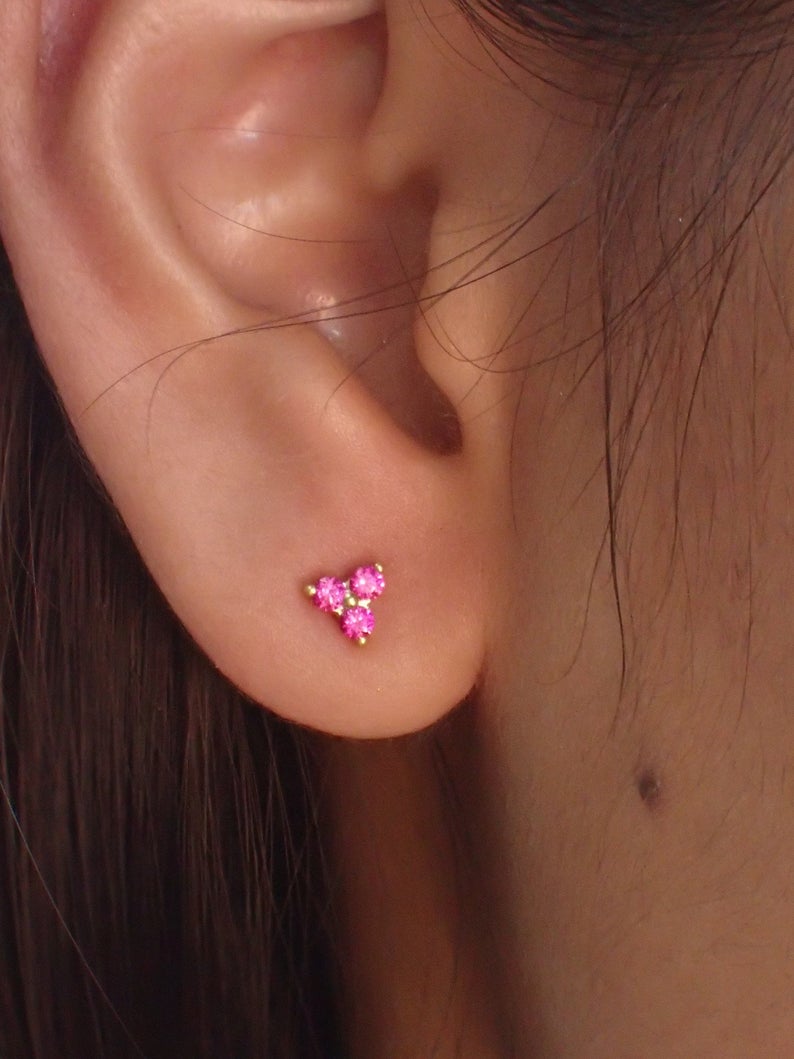 Trinity Stud Earrings / Sterling Silver Earrings / Lab-Grown Ruby Gold Plated Earrings / Three Stone Earrings / Minimalist Earrings