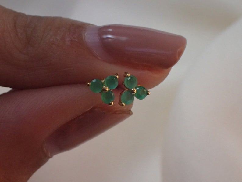Lab-Grown Emerald Stud Earrings / Sterling Silver Earrings / Gold Plated Earrings / Three Stone Earrings / Minimalist Earrings