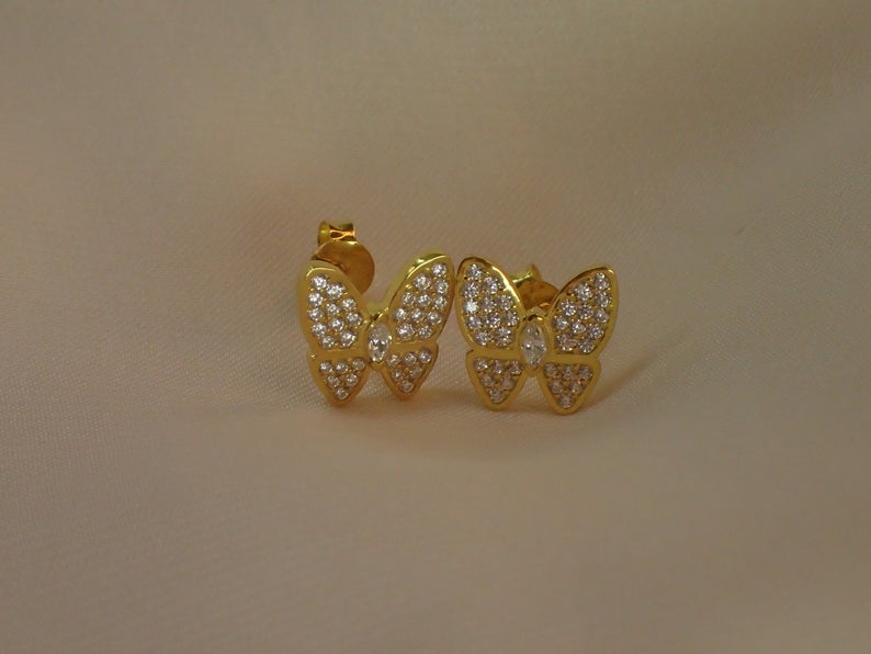 Butterfly Stud Earrings / Simulated Diamonds Butterfly Earrings / 925 Sterling Silver Minimalist Earrings / Gold Plated CZ Earrings