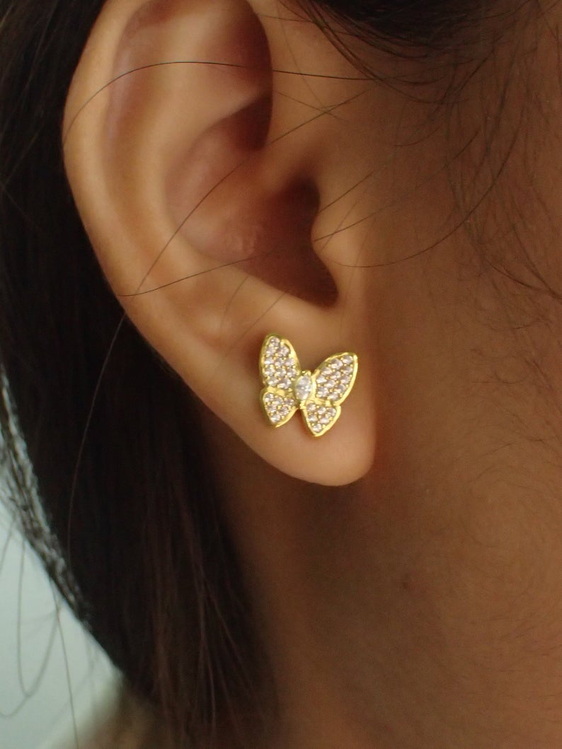 Butterfly Stud Earrings / Simulated Diamonds Butterfly Earrings / 925 Sterling Silver Minimalist Earrings / Gold Plated CZ Earrings