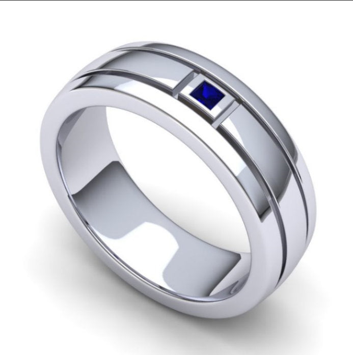 Single Sapphire Men Wedding Band, 10k Solid Gold Men’s Ring, Princess Cut Natural Blue Sapphire Men Ring