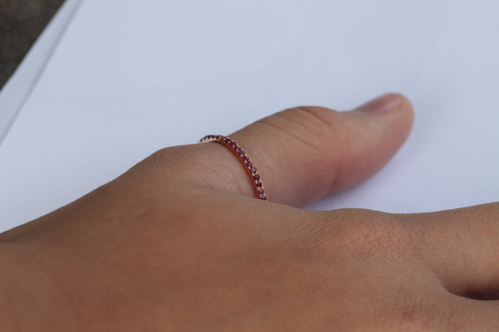 Micro Pave Ruby Half Eternity Wedding Band, Thin Dainty Stacking Ruby Band, 14k Gold Delicate Ruby Ring