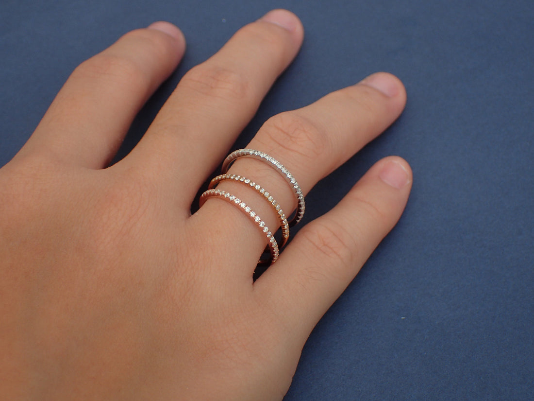 3/4 Eternity Micro Pave Wedding Ring 1.3mm Micro Pave Diamond Wedding Band Thin Dainty Stacking Wedding Band