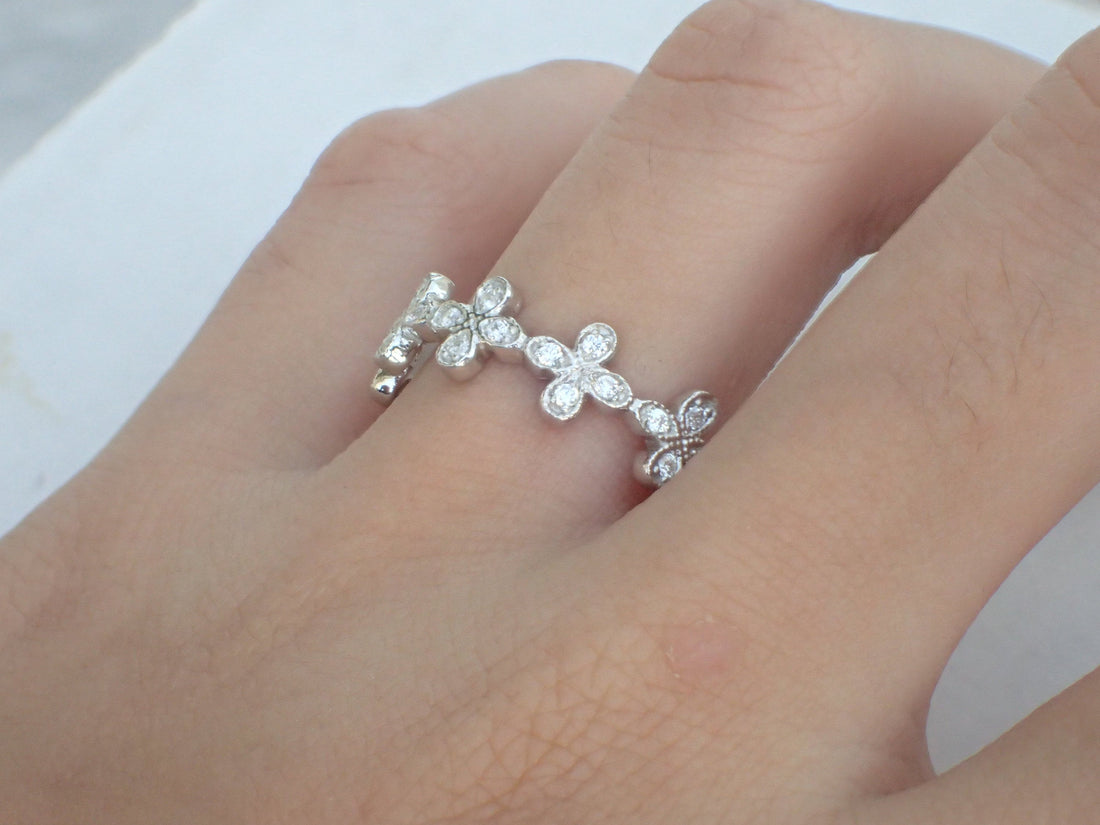 Art Deco Ring Floral Wedding Band Diamond Clover Band White Gold Floral Wedding Ring Art Deco Floral Band 14k 18k Platinum Ring Dainty Ring