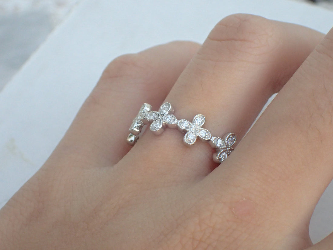 Art Deco Ring Floral Wedding Band Diamond Clover Band White Gold Floral Wedding Ring Art Deco Floral Band 14k 18k Platinum Ring Dainty Ring