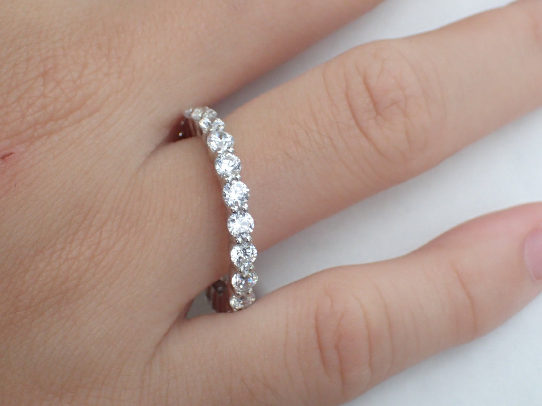 Shared Prong Band 3.0mm, Platinum Diamond Band, Full Eternity Ring, Delicate Prong Set Platinum Wedding Band