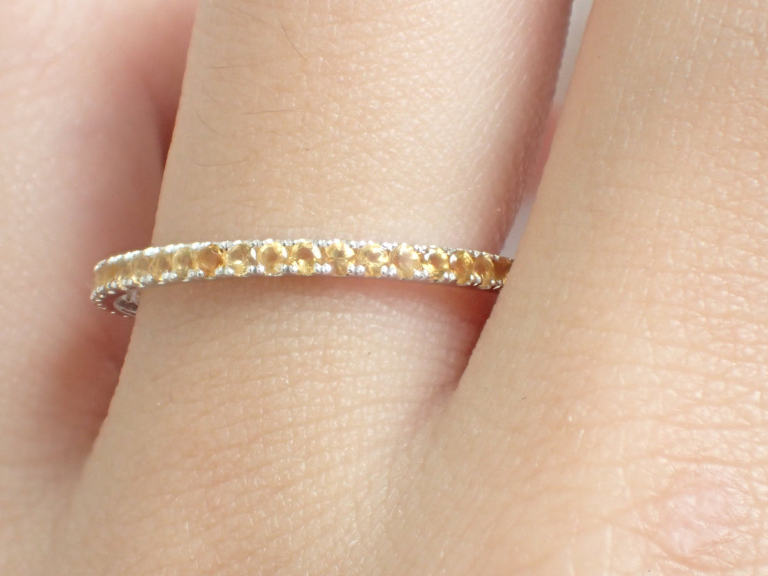 Yellow Sapphires Micro Pave Eternity Band, 14k Solid Gold Full Eternity Bad, Thin Dainty Band, September Birthstone Ring