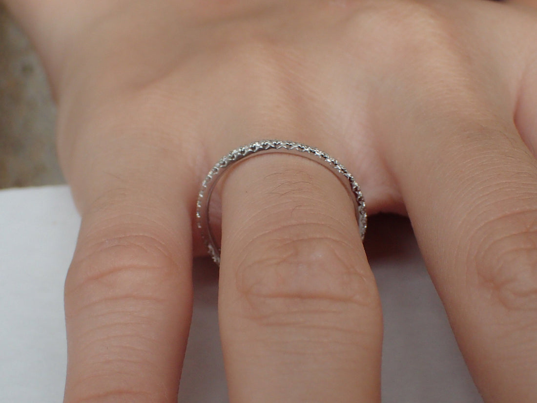 Fish Tail Platinum Full Eternity Ring, French Pave Diamond Wedding Band, Solid Gold Fish Tail Ring, Thin Dainty Band