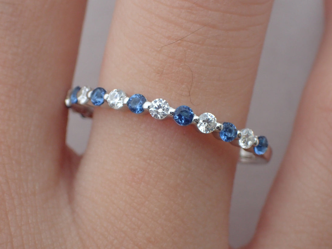 Blue Sapphire and Moissanite Wedding Band, Alternating Stones Ring, Prong Set Ring, 1.8mm Mixed Stones Platinum 950 Band