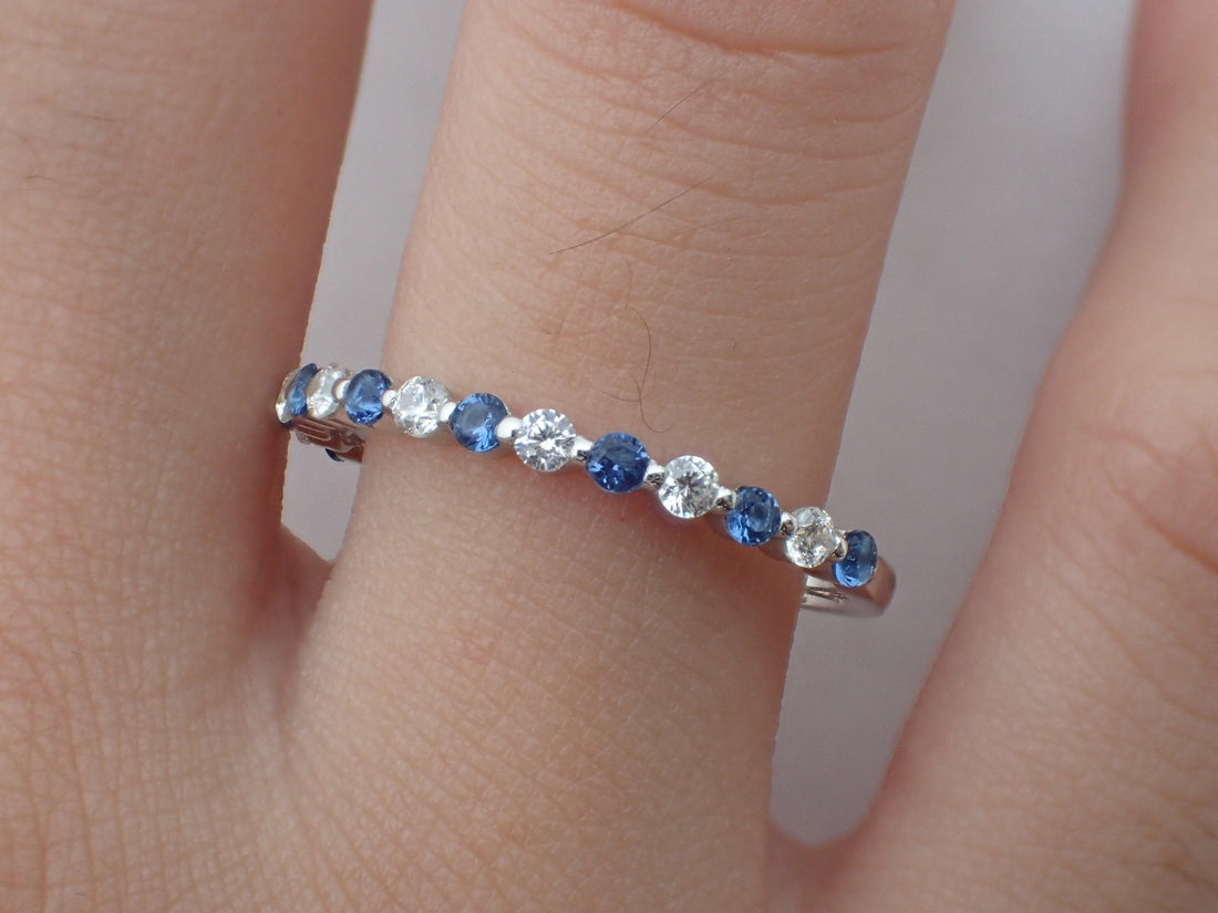 Blue Sapphire and Moissanite Wedding Band, Alternating Stones Ring, Prong Set Ring, 1.8mm Mixed Stones Platinum 950 Band