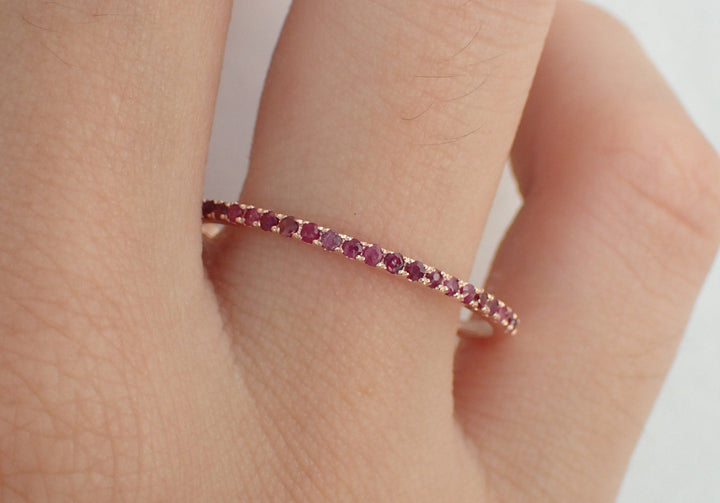 Micro Pave Ruby Half Eternity Wedding Band, Thin Dainty Stacking Ruby Band, 14k Gold Delicate Ruby Ring