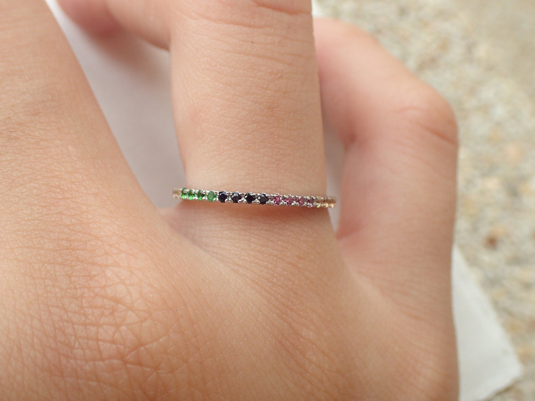 Rainbow Gemstone, Half Eternity Band, Multi Gemstone Ring, 14k Gold Rainbow Wedding Ring, Precious Stone Ring