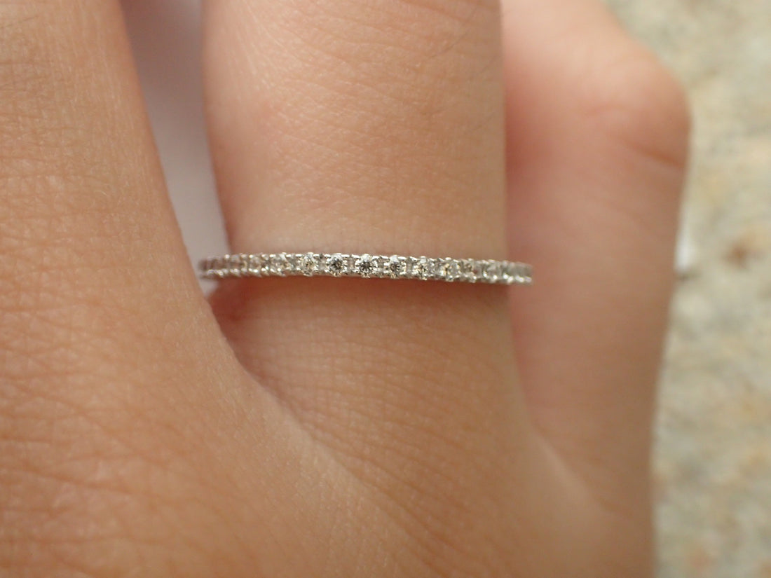 Micro Pave Diamond Wedding Band, Solid Gold Dainty Stackable Band, Half Eternity Ring, PT950 Thin Dainty Band