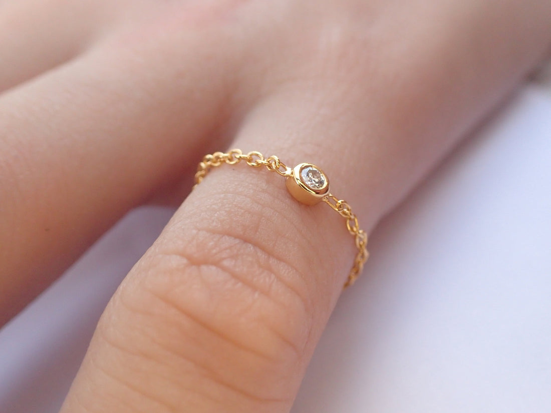 Dainty Diamond Chain Ring - 14k Gold Diamond Chain Ring - Natural Diamond Set Bezel Chain Ring - Minimalist Ring