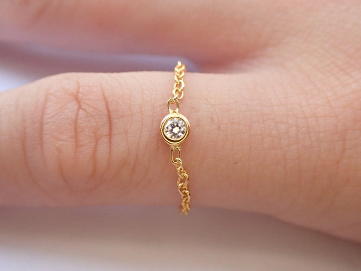 2mm Chain Ring in 14k Solid Gold, Bezel Set Diamond Chain Ring, Rope Chain Delicate Gift for Her, Stackable Chain Ring
