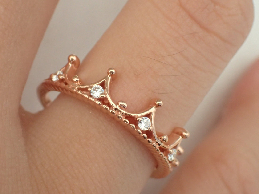 Moissanite Crown Ring, Tiara Queen Ring, Rose Gold Tiara Princess Ring, Platinum Rose Gold Tiara Ring