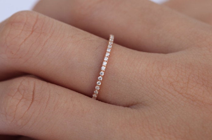 14k White Gold Full Eternity Diamond Wedding Band 1.3mm / Micro Pave Eternity / Thin Dainty Stacking micro pave ring