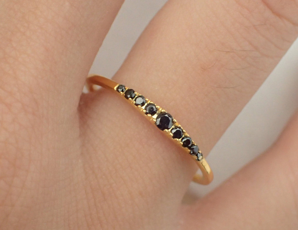 18k Gold Black Diamond Ring/ Tapered 18k Gold Band Black Diamonds/ Dainty Black Diamond Ring/ Gift for Her/ Available in 14k and Platinum