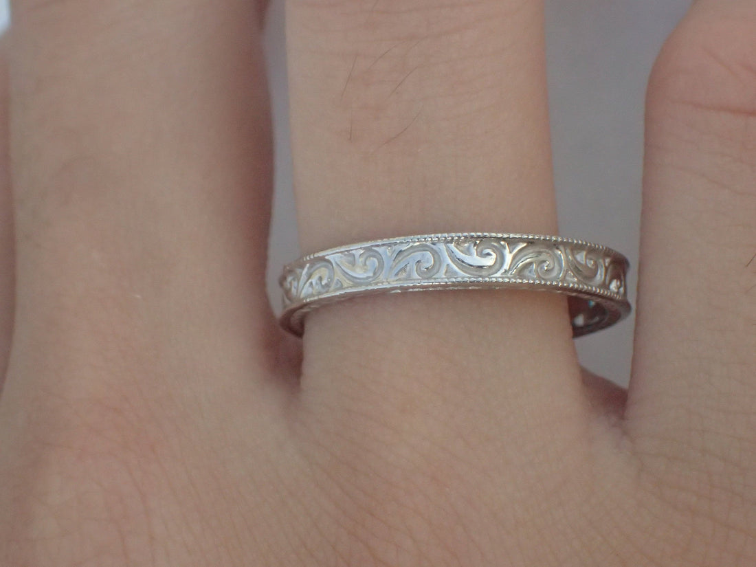 Filigree No Stone Band with Milgrain, Floral No Stone Ring, Unique Wedding Band, Easy Maintain - Durable- Long Lasting