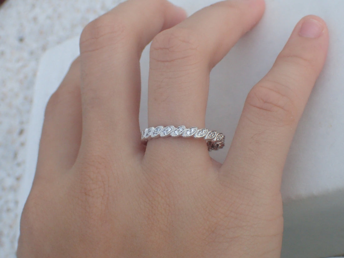 14k Full Eternity Art Deco Band Stacking Rings Vintage Inspired Diamond Band 14K Solid Gold Diamond Wedding Band Full Eternity Art Deco band