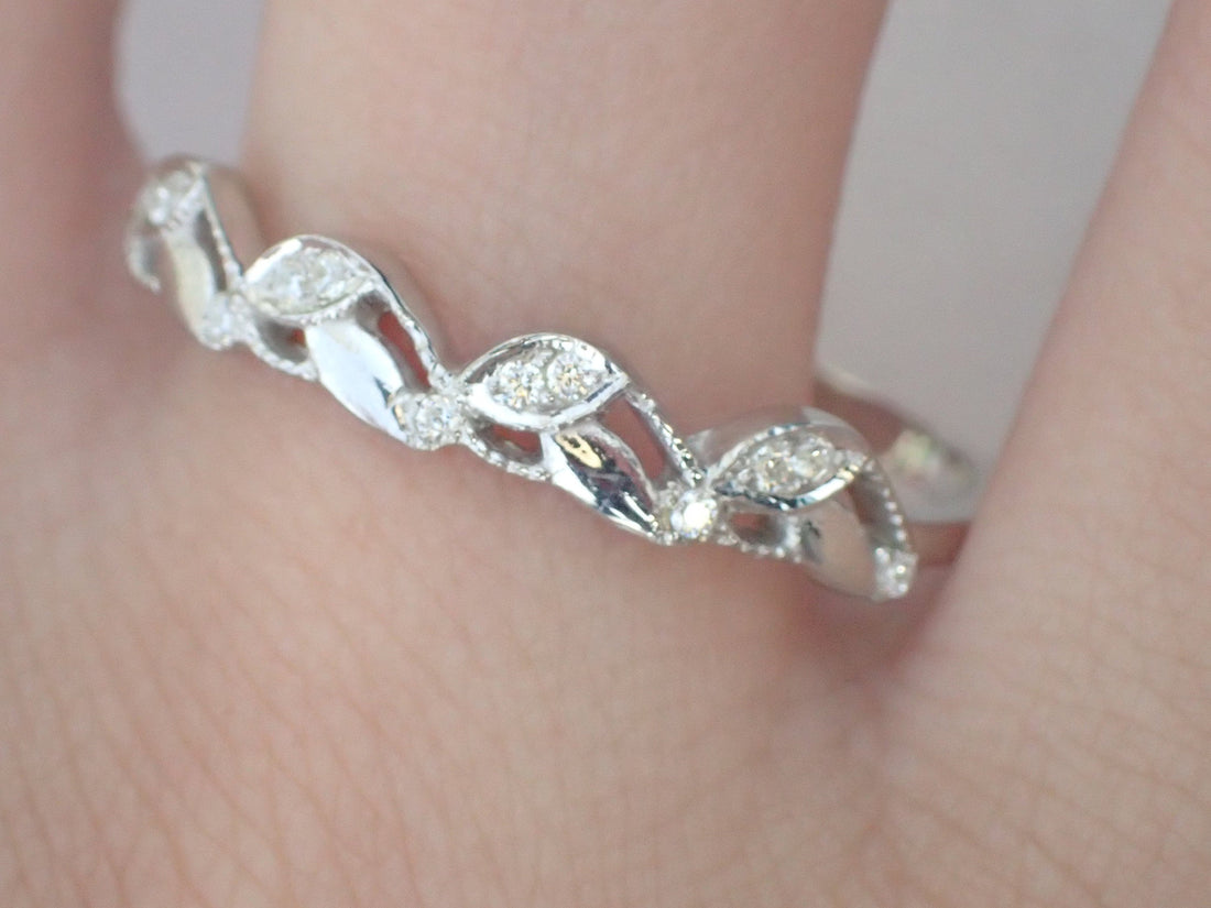 Nature Inspired Wedding Band Art Deco Nature Inspired Miligrain Band Leaf Ring Diamond White Gold Leaf Ring Nature Inspired Platinum Band