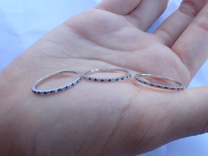 Alternating Blue Sapphire and Diamond Wedding Band - White Gold Half Eternity Minimalist Band - Blue Sapphires Band