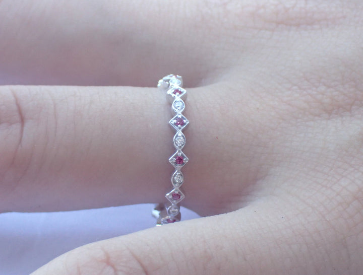 Art Deco Ruby and Moissanite Eternity Band, Square Marquise Full Eternity Band, Solid Gold Platinum Pt950