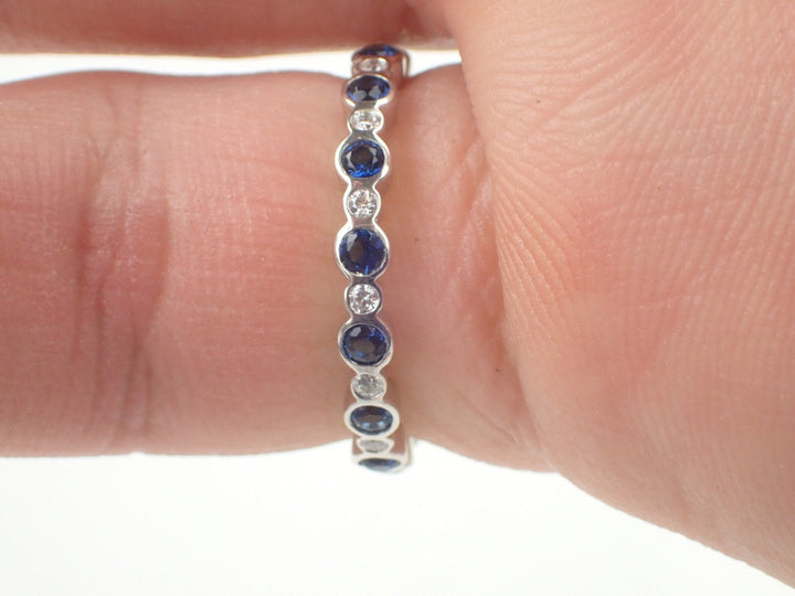Blue and White Sapphire Bezel Set Alternate Ring, 14k Gold Full Eternity Band, Delicate September Birthstone Band