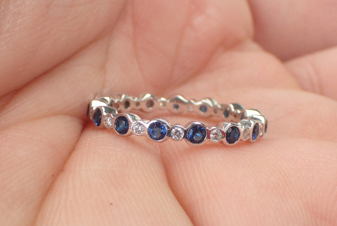 Alternate Blue Sapphire and Diamond Half Eternity Band, Delicate Sapphires Band with Diamonds, Gold or Platinum