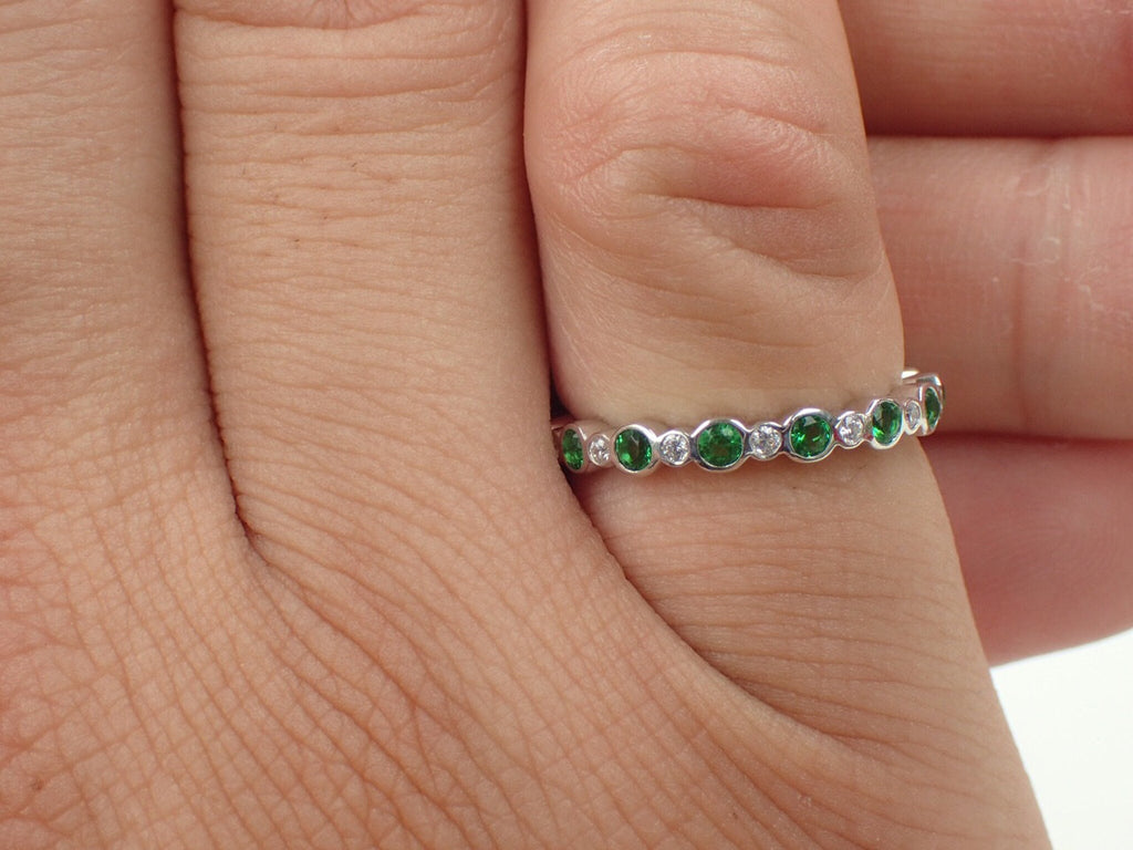 Alternating Moissanite and Emerald Band, Solid Gold Alternating Band, Emerald Eternity Band, Full Eternity Ring