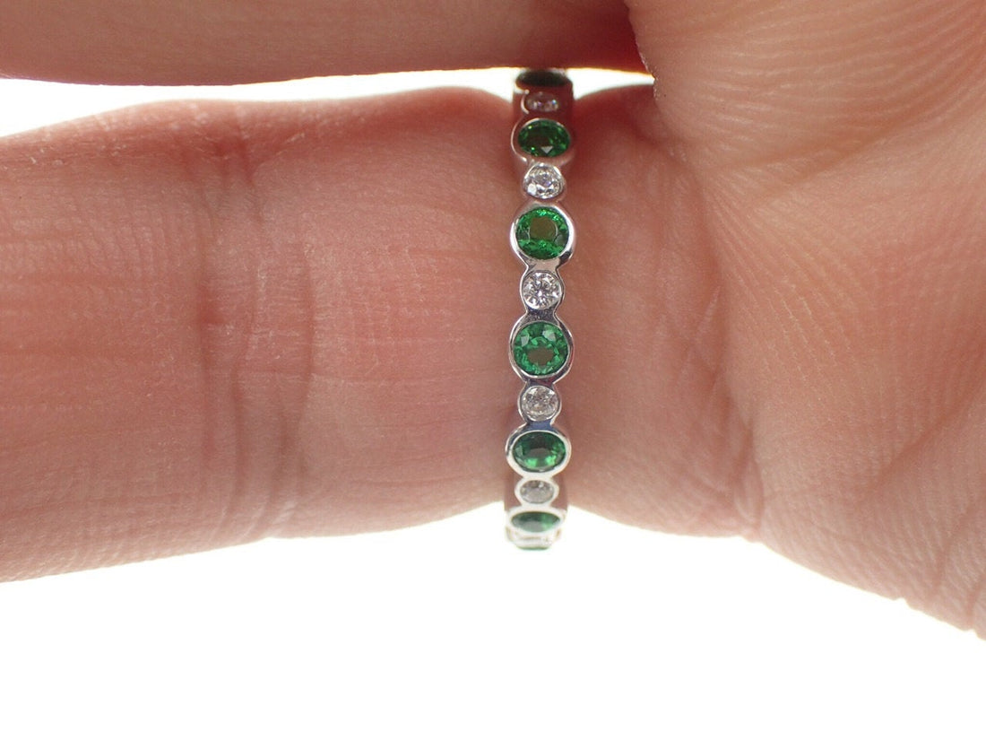 Alternating Emerald and Diamond Band, Emerald Eternity Band, Diamond Emerald Band, Solid Gold Bubble Ring