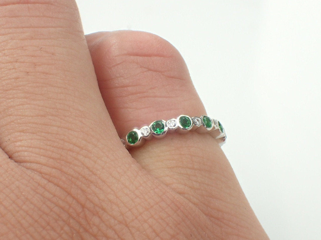 Alternating Emerald and Diamond Band, Emerald Eternity Band, Diamond Emerald Band, Solid Gold Bubble Ring