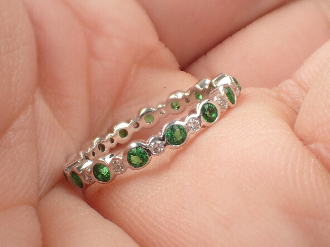 Alternating Emerald and Diamond Band, Emerald Eternity Band, Diamond Emerald Band, Solid Gold Bubble Ring