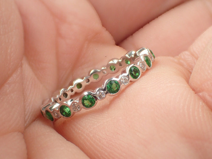 Alternating Moissanite and Emerald Band, Solid Gold Alternating Band, Emerald Eternity Band, Full Eternity Ring