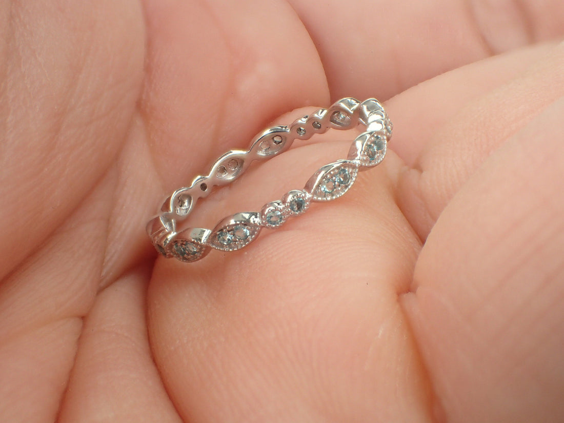 Aquamarine Wedding Band, 3/4 Eternity Platinum Vintage Inspired, Art Deco Aquamarine Gemstone Ring, March Birthstone Ring