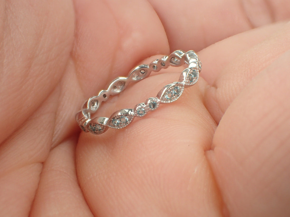 Light Blue Sapphire Wedding Band, 3/4 Eternity Vintage Inspired Band, Marquise Shape Band, Art Deco Ring