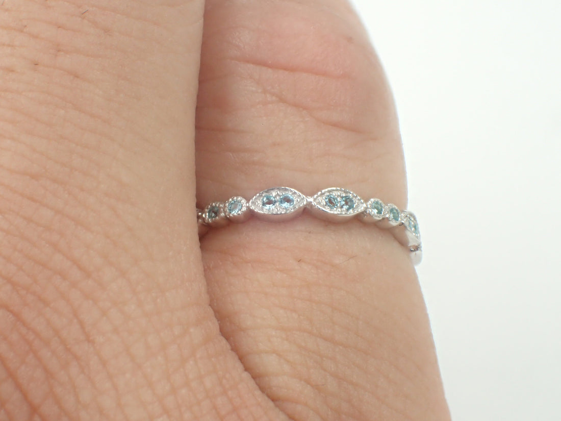 Light Blue Sapphire Wedding Band, 3/4 Eternity Vintage Inspired Band, Marquise Shape Band, Art Deco Ring