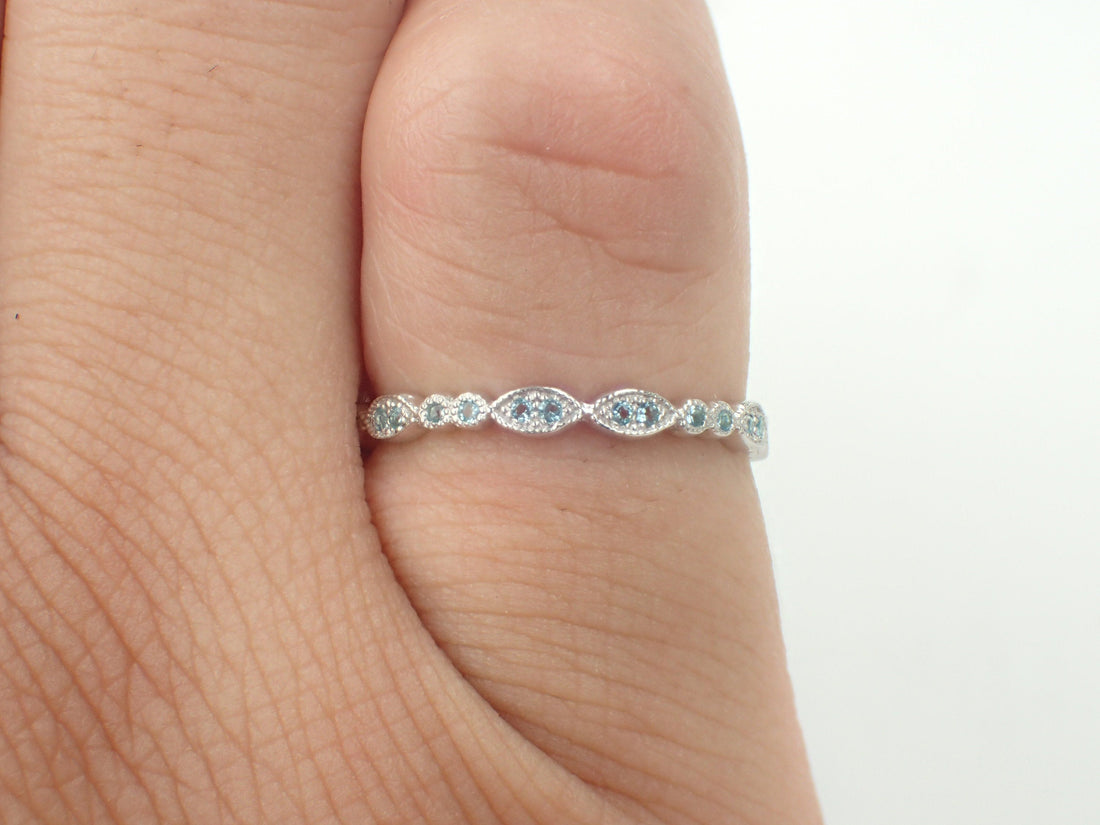 Light Blue Sapphire Wedding Band, 3/4 Eternity Vintage Inspired Band, Marquise Shape Band, Art Deco Ring