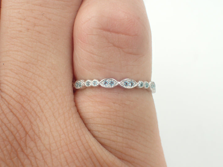 Aquamarine Wedding Band, 3/4 Eternity Platinum Vintage Inspired, Art Deco Aquamarine Gemstone Ring, March Birthstone Ring