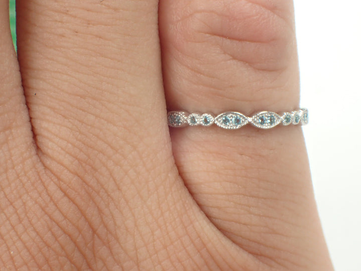 Light Blue Sapphire Wedding Band, 3/4 Eternity Vintage Inspired Band, Marquise Shape Band, Art Deco Ring