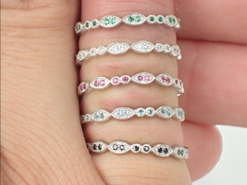 Aquamarine Wedding Band, 3/4 Eternity Platinum Vintage Inspired, Art Deco Aquamarine Gemstone Ring, March Birthstone Ring