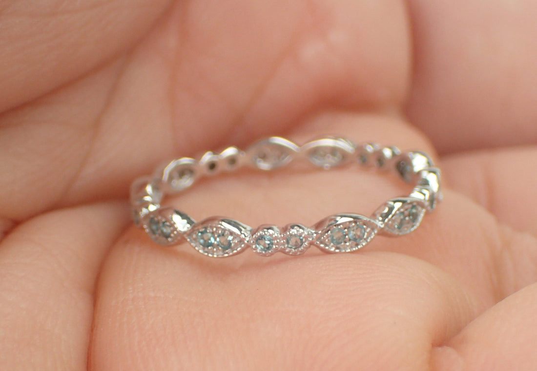 Light Blue Sapphire Wedding Band, 3/4 Eternity Vintage Inspired Band, Marquise Shape Band, Art Deco Ring