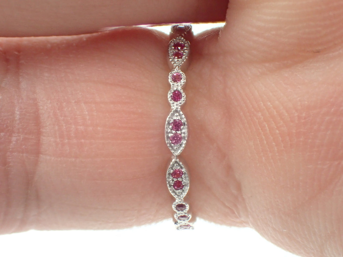 Marquise Shape Platinum Band, Pink Sapphire Art Deco Band, Full Eternity Band with Milgrain, Vintage Inspired Double Dot Ring