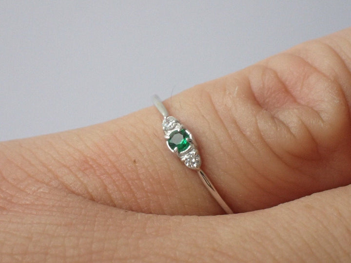 Emerald Ring Emerald Diamond Three Stone Ring Emerald Past Present Forever Ring May Birthstone Gift Emerald Promise Ring Solid Gold Platinum