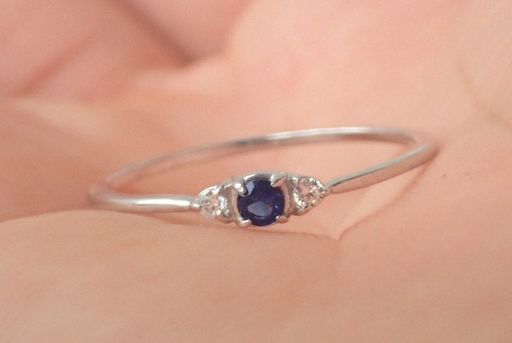 Blue Sapphire Ring Blue Sapphire Diamond Three Stone Ring Blue Sapphire Past Present Forever Ring September Birthstone Gift Blue Sapphire