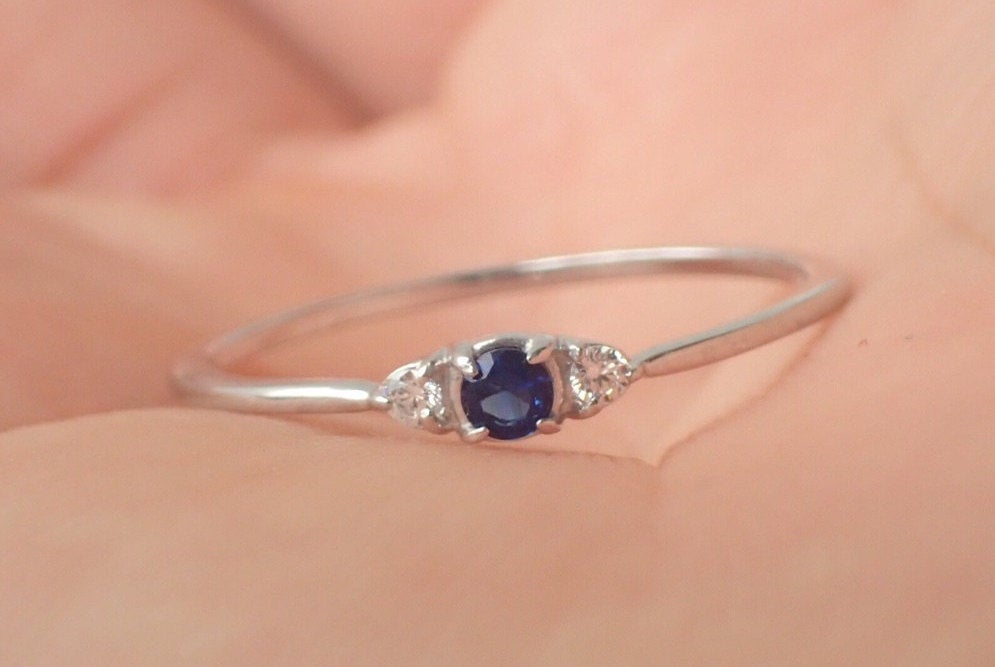 Blue Sapphire Ring Blue Sapphire Diamond Three Stone Ring Blue Sapphire Past Present Forever Ring September Birthstone Gift Blue Sapphire