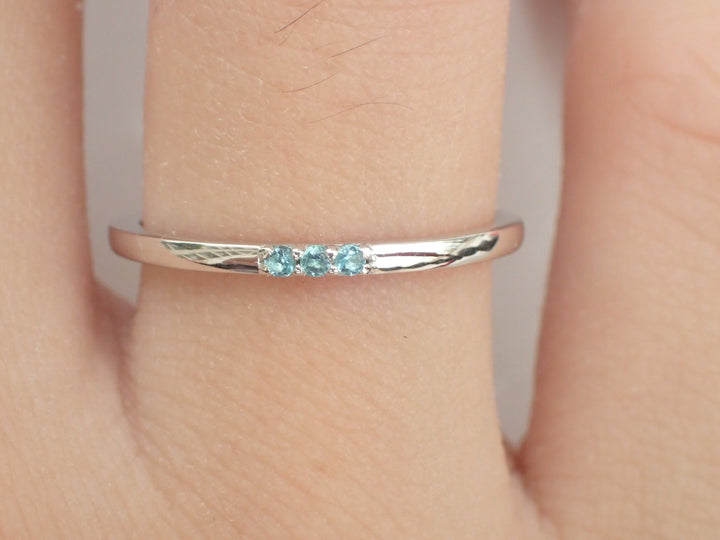 3 Blue topaz Ring White Gold 3 Stone Ring 3rd Year Gift for Wife 3 Stacking Blue topaz Thin Dainty Gift Past Present Forever Ring 1.3mm